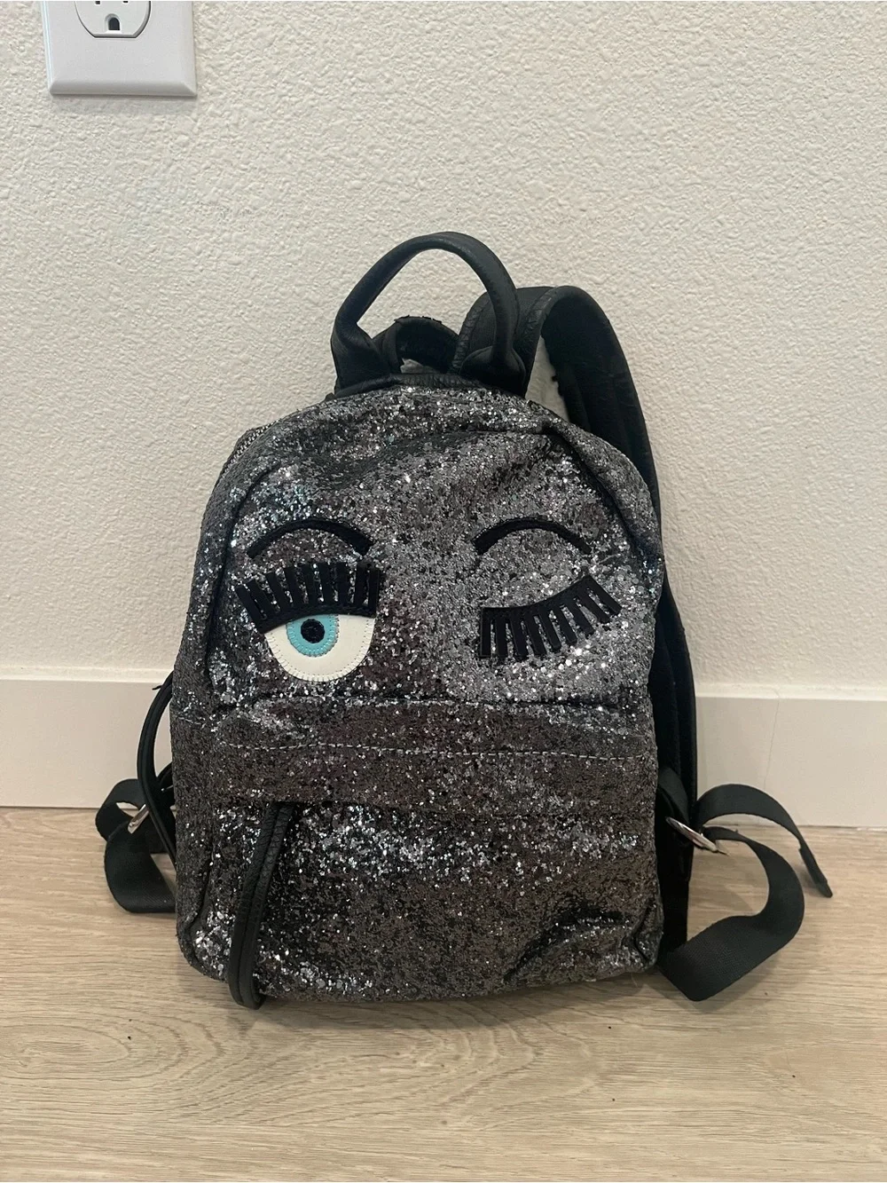 Chiara Ferragni Flirting Glitter Backpack Dark Silver Black Eye Leather Mini